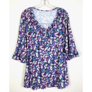 Ivicoer Fashion Scoop Neck Top Size 2XL Purple Floral Knit Stretch Ruffles